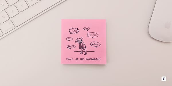 A post-it note containing a doodle of a person overwhelmed by speech bubbles - the voices of their many customers