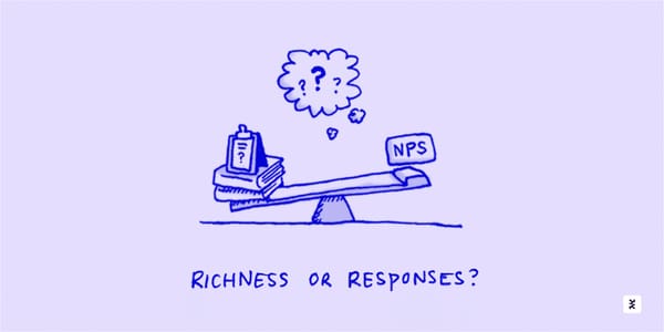 A doodle of a see-saw balancing a survey on one side, and NPS on the other. Underneath it reads, "Richness or Responses?"